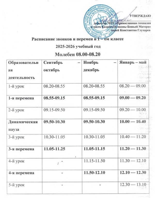 Раписание звонков и перемен 1 класса